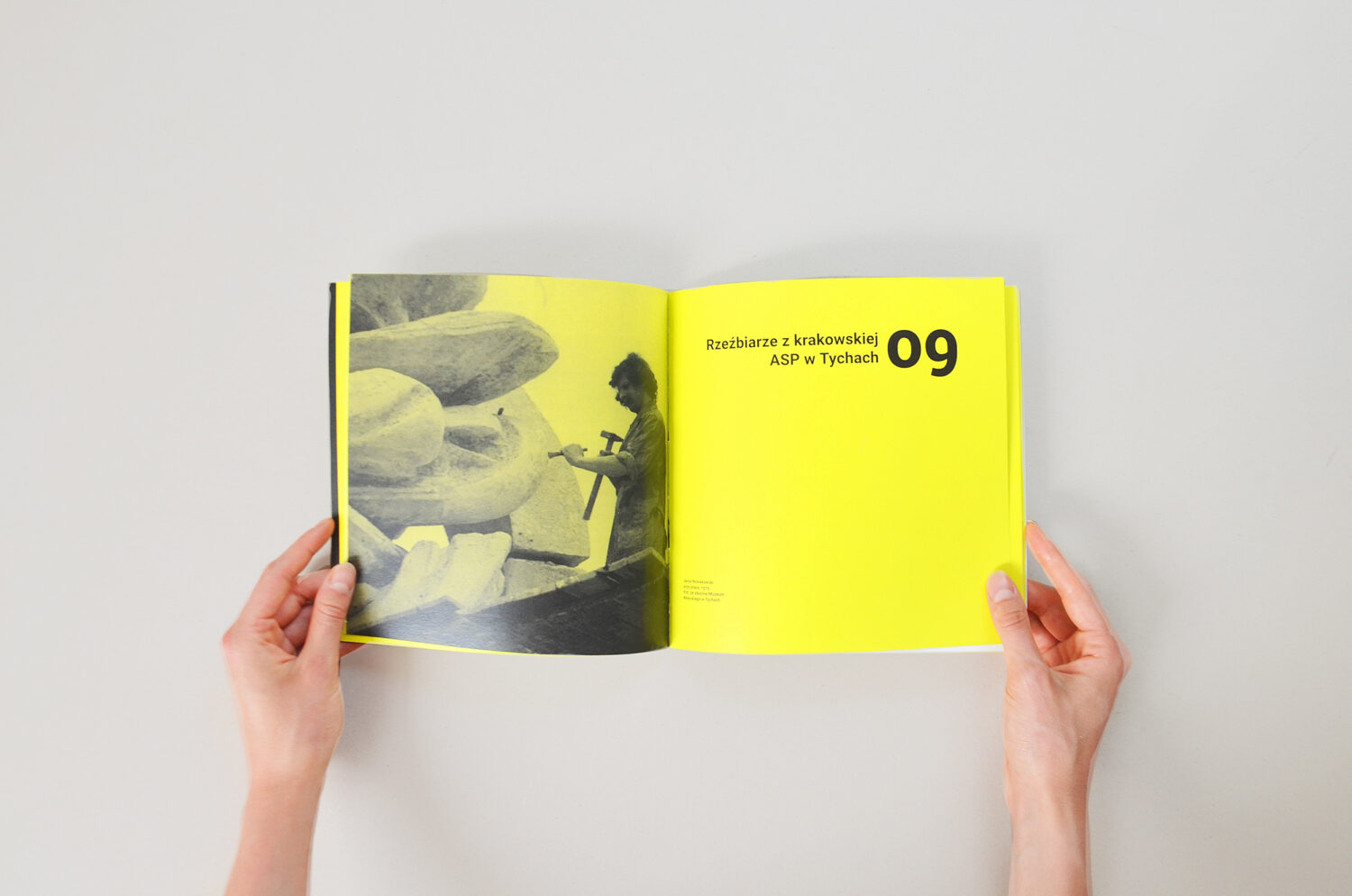 Publication design - contrast, typography, vivid colour. Tychy. Sztuka w przestrzeni miasta. I highlighted the sculptures by underlining their names and photos in yellow. 