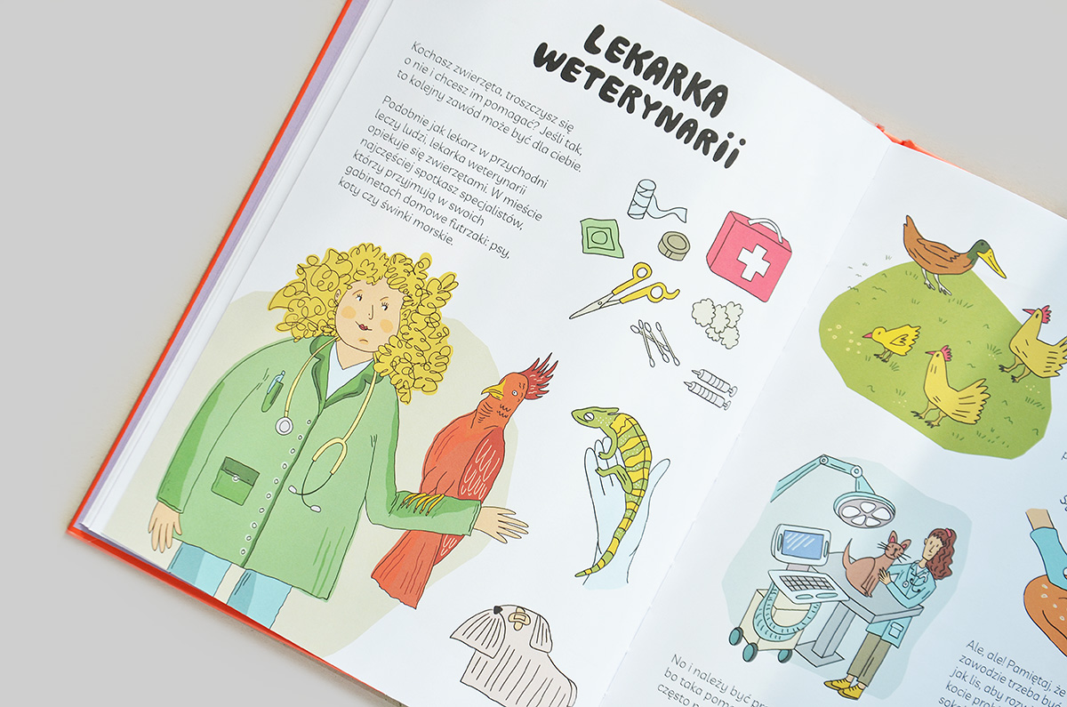 Książka "Zawody marzeń" - Klaudyna Maciąg, ilustracje Kinga Klisz, wydawnictwo Magiczne. Ilustracje książkowe dla dzieci, zawód weterynarz