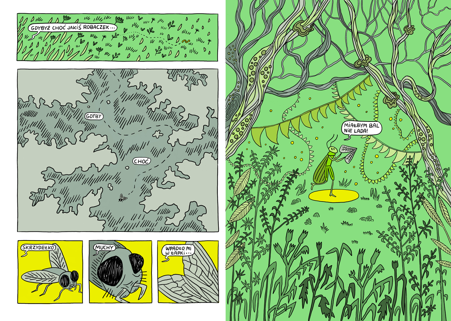ilustrowany komiks "Konik polny i mrówka" na podstawie bajki Jean de la Fontaine Kinga Klisz - ilustracja książkowa i komiksowa, rośliny i natura