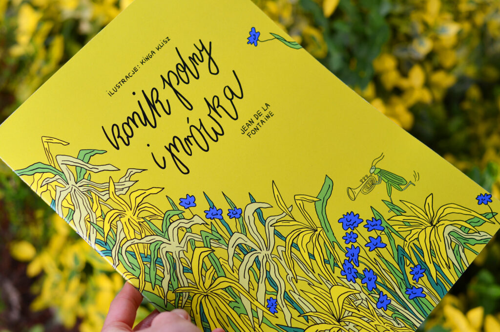 ilustrowany komiks "Konik polny i mrówka" na podstawie bajki Jean de la Fontaine Kinga Klisz