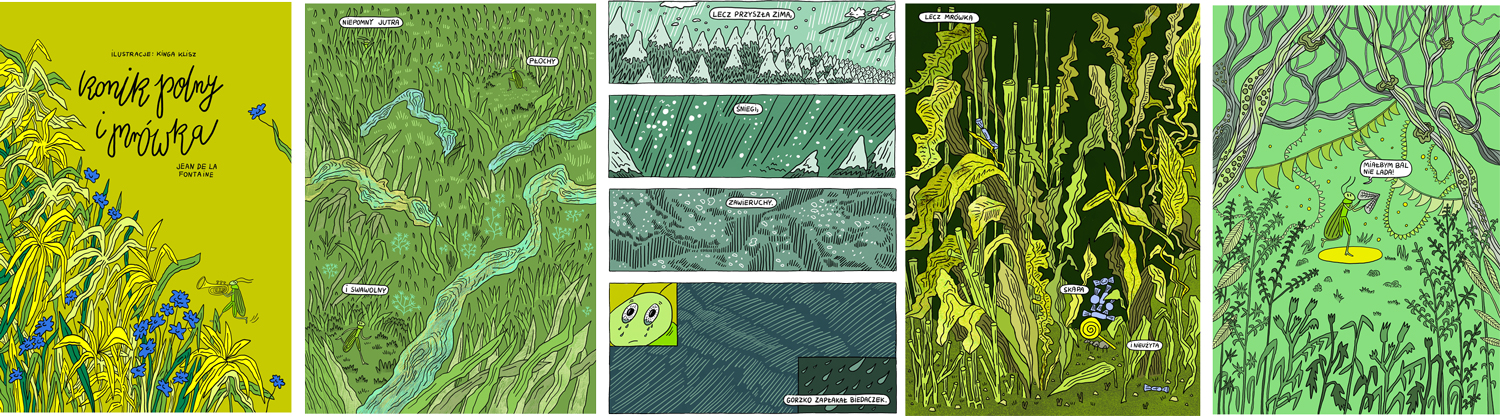 ilustrowany komiks "Konik polny i mrówka" na podstawie bajki Jean de la Fontaine Kinga Klisz - ilustracja książkowa i komiksowa, roślinność  natura