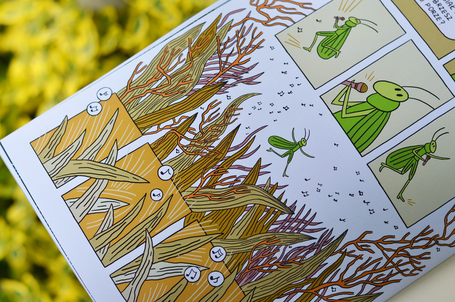 ilustrowany komiks "Konik polny i mrówka" na podstawie bajki Jean de la Fontaine Kinga Klisz - ilustracja książkowa i komiksowa, roślinność  natura