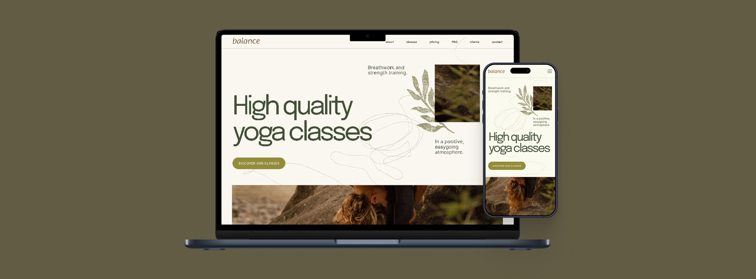Projekt strony internetowej w obszarze sport i wellness dla studia jogi Balance. Projektantka UI i UX. Harmonia, natura, mindfullness. 
