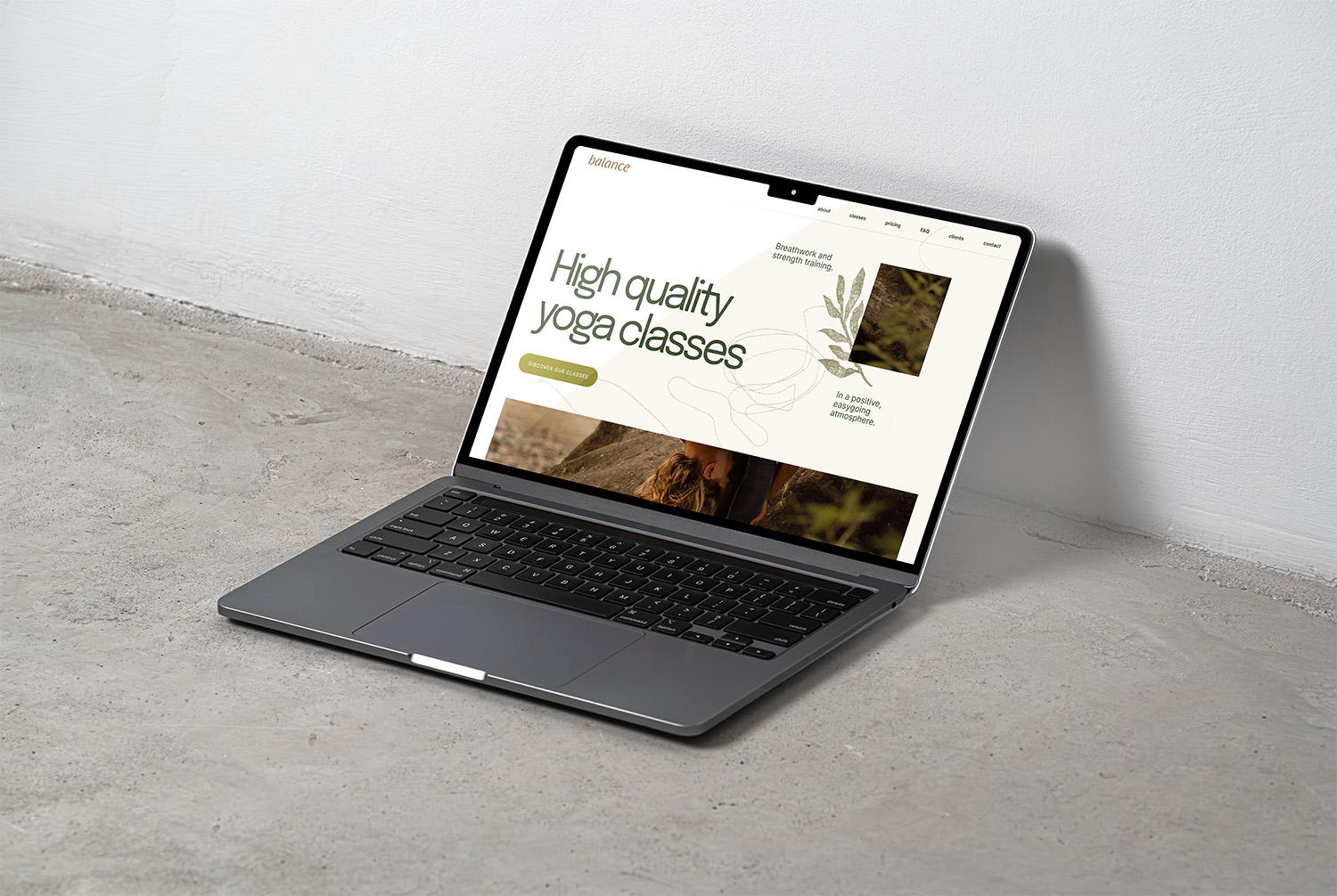 Projekt strony internetowej w obszarze sport i wellness dla studia jogi Balance. Projektantka UI i UX. Harmonia, natura, mindfullness. 